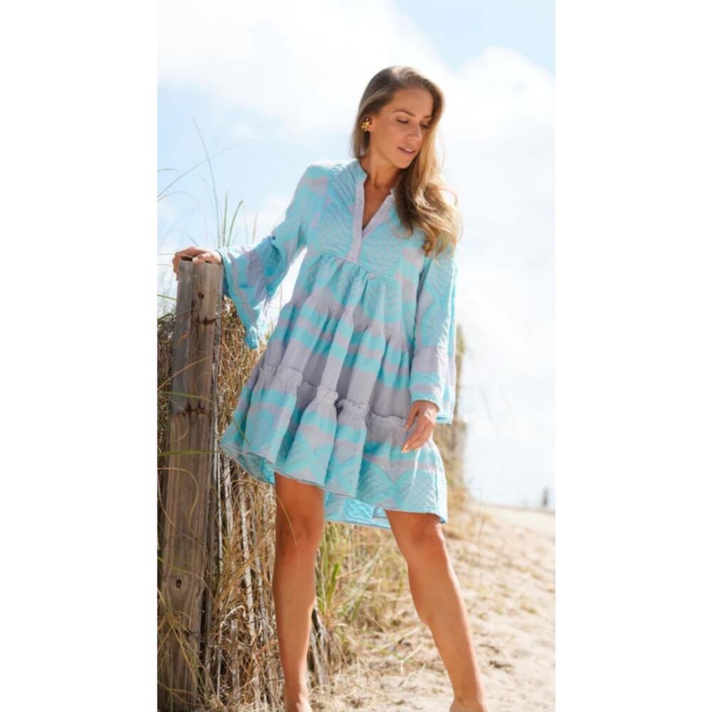 Pearl and Caviar Zakar Jacquard Mini Dress Blue Gray L/S size XS/S